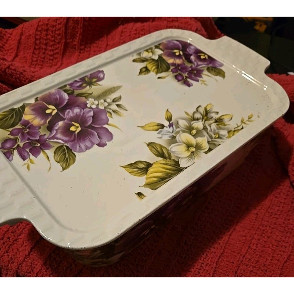 GRACE'S PANTRY Purple Pansies Rectangle Baker Baking Dish Casserole With Lid